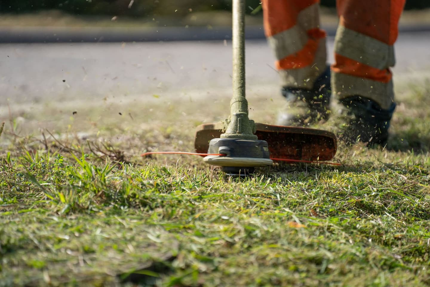 Worker using a string trimmer to edge grass along a walk